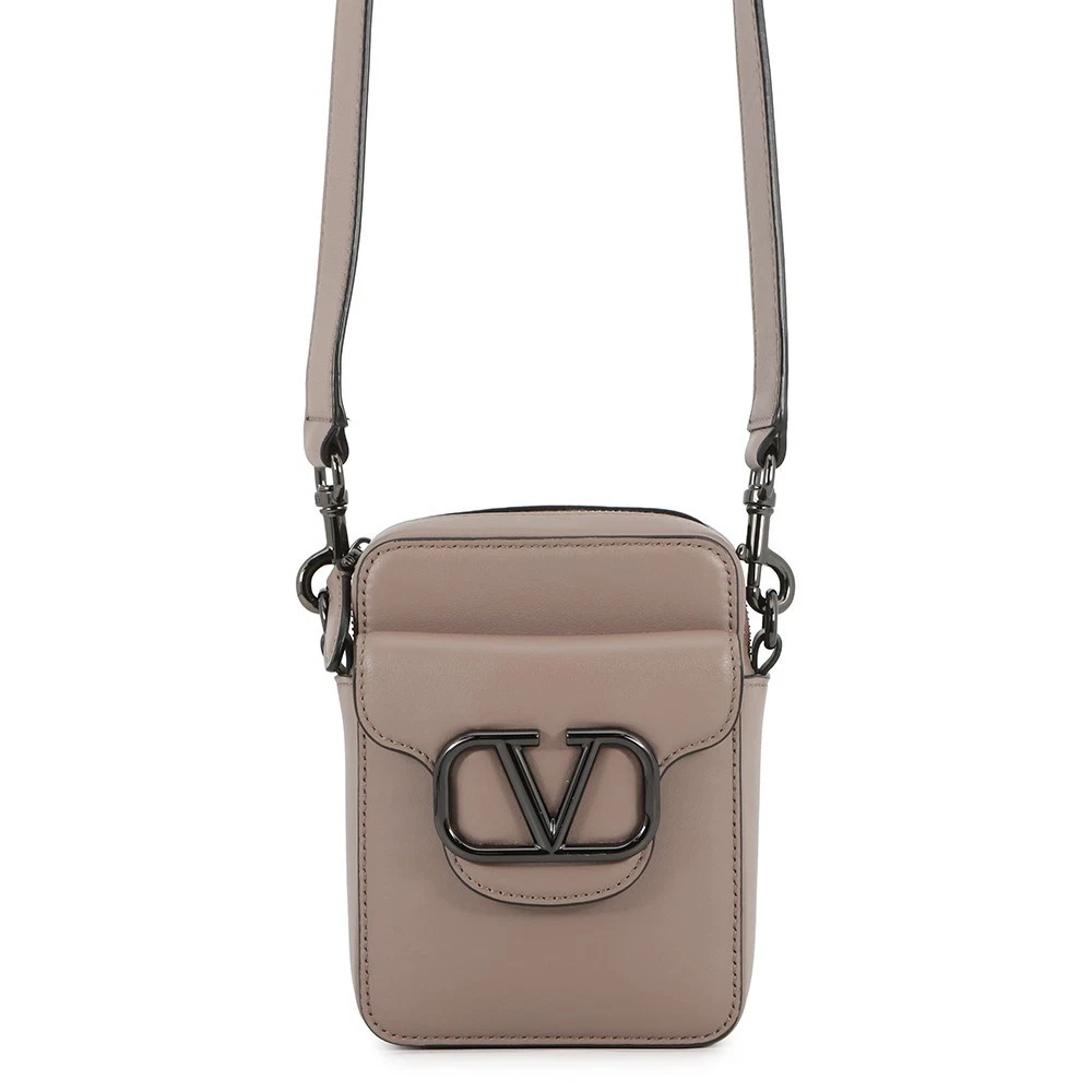 Valentino — Valentino Garavani Loco V Logo Shoulder Bag Leather Greige