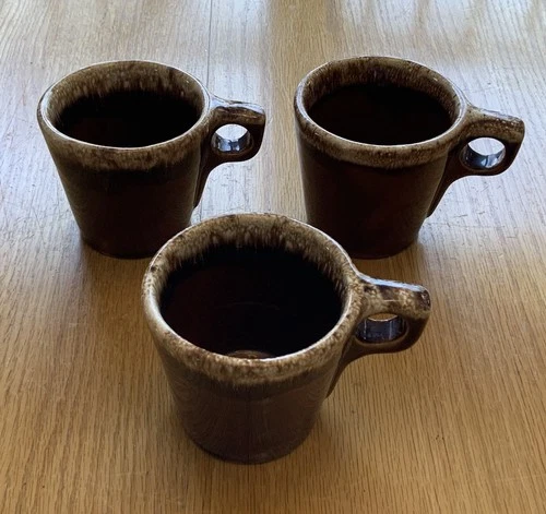 Hull Pottery Oven Proof USA Brown Drip Coffee/ Tea Mugs Cups 10 oz. Lot of 3
