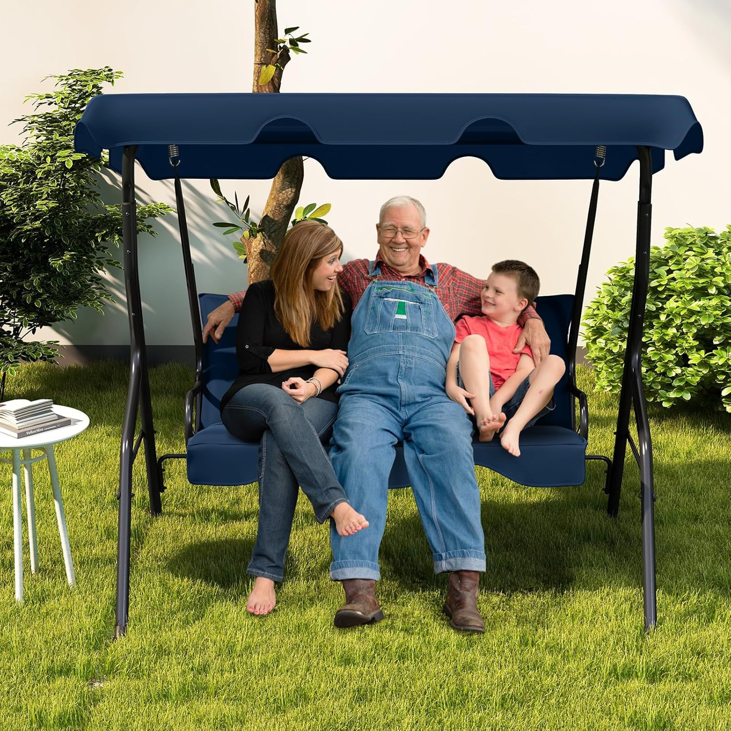 Navy 3-Person Porch Swing with Canopy & Removable Cushion for Relaxation