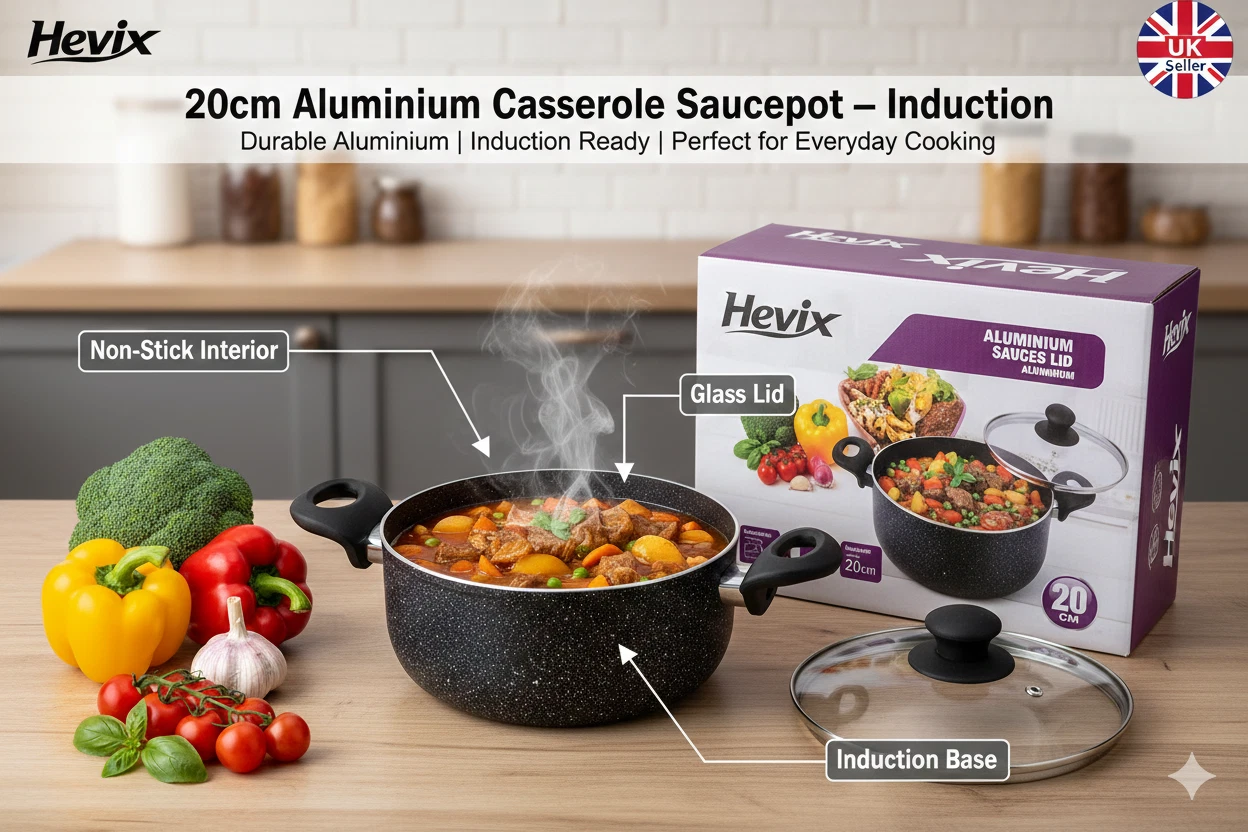 20cm Aluminium Casserole StockPot / Saucepot With Glass Lid Induction Black- Uk