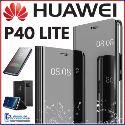 FLIP COVER FOR HUAWEI P40 LITE BLACK BOOK CASE MIRROR CLEAR VIEW 360°