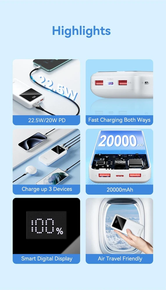 Power Bank 20000mah Mobile Phone Plastic Medium Multicolor 2-usb Portable 22.5w Power Bank 20000mah Mobile Phone Plastic Medium Multicolor 2-usb Portable 22.5w