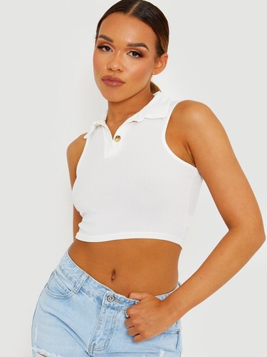 Womens Ladies tshirt Crop Top Tee Vest Button Collar Ribbed Tank racer top Bra - Picture 6 of 17