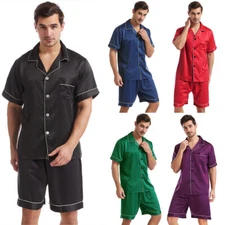 Mens Silk Satin Pajamas Pj Set Top and Shorts Sleepwear Nightwear Casual pijamas
