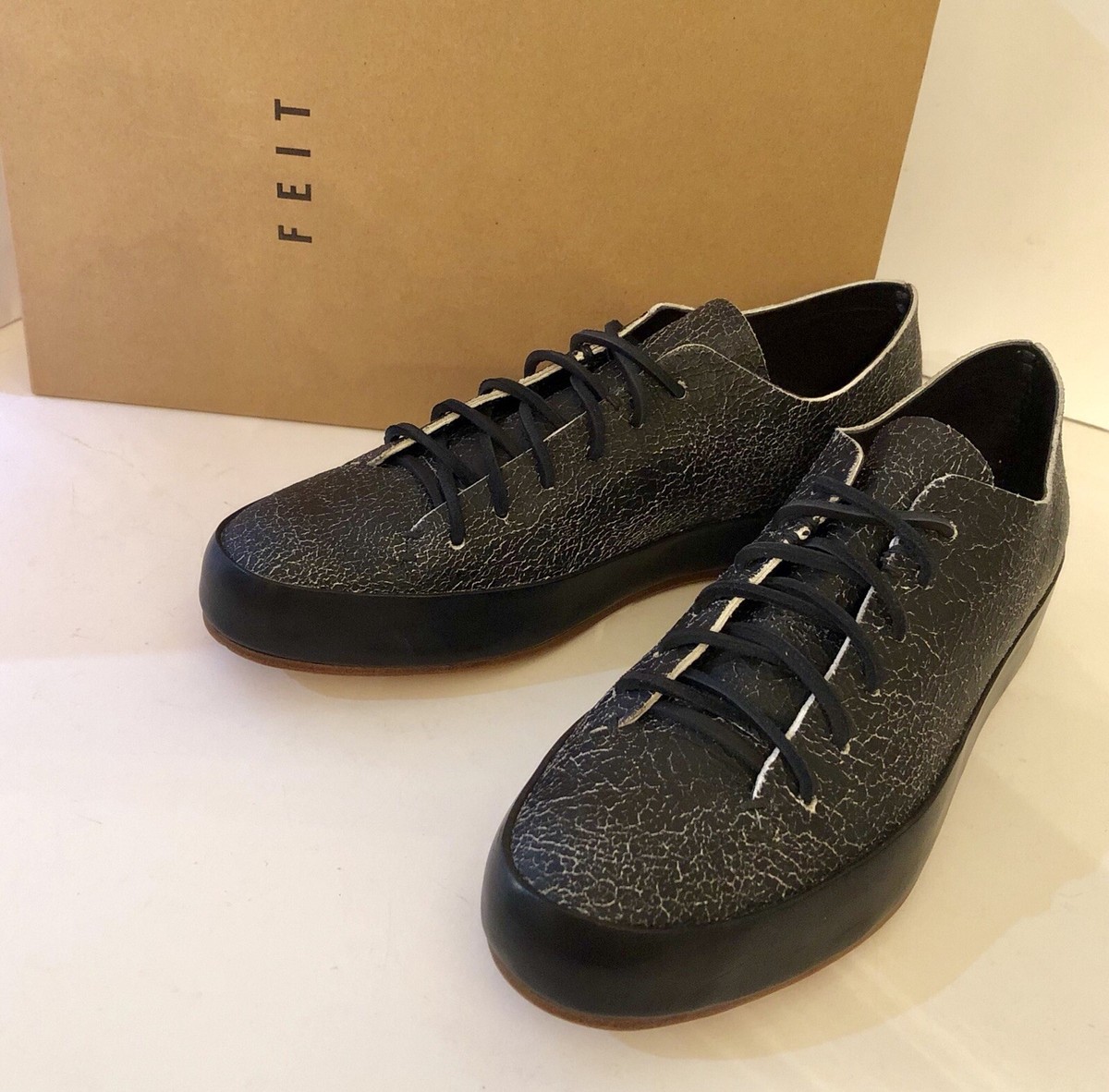 NIB FEIT Hand Sewn Low Vegetable Tanned Black Crackle Leather Sz EU 39 $600