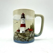 Vintage Otagiri Japan Drinking Glass/Mug Red White Lighthouse Marked