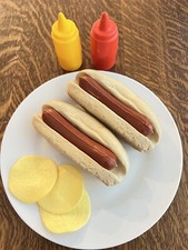 HOT DOG Vintage 1987 MTC Realistic Play Food Prop  Ketchup Mustard Potato Chips