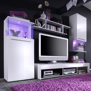 Wohnwand Punch Anbauwand Wohnzimmer In Weiss Glanz Mit Led Rgb Beleuchtung Ebay