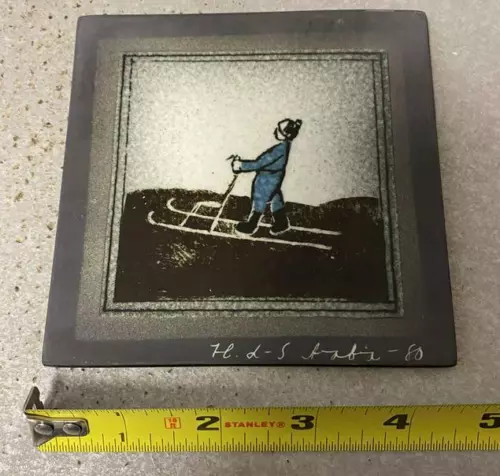 Arabia Finland Atelje 5" Square Porcelain Plaque H. L. Sundstrom Sled Boy 