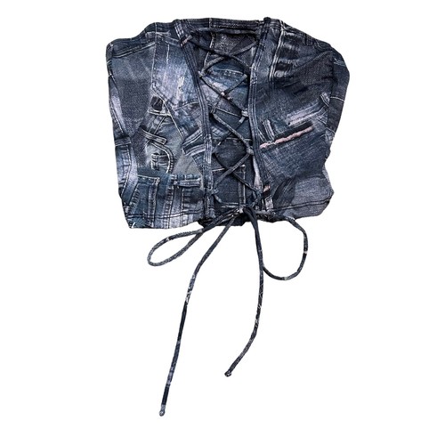 frankies bikinis Jayden Lace Up Top Blue Jean Print Size Medium Strapless NEW - Picture 2 of 8