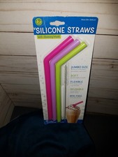 🆕 3 Reusable Silicone Drinking Straws with Cleaning Brush Jumbo Size