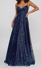 Say Yes Women's Blue Sequin Lace-Back Gown Juniors' Dress Size 3/4
