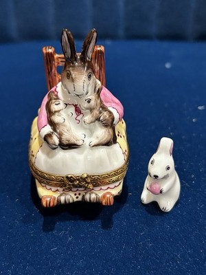 Limoges Peint Main Rochard Rabbit and Babies in Rocking Chair Trinket Box