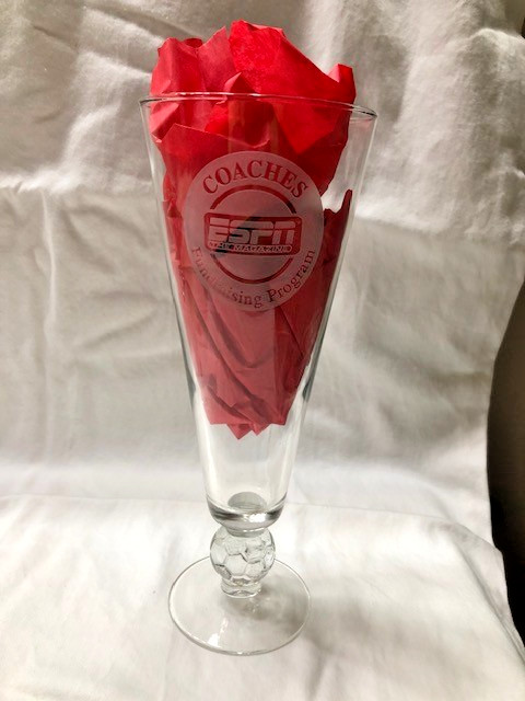 Extremely RARE Clear ESPN The Magazine Etched Pilsner Glass/Soccer Ball Stem/EX