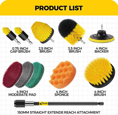11Pc Drill Brush Set Scrub Pads Power Scrubber Kit Tile Tub Grout Cleaner