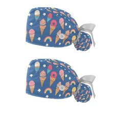 2 -Pack Scrub Caps Women Nursing Hats Ice-Cream Pattern with Buttons Ponytail...