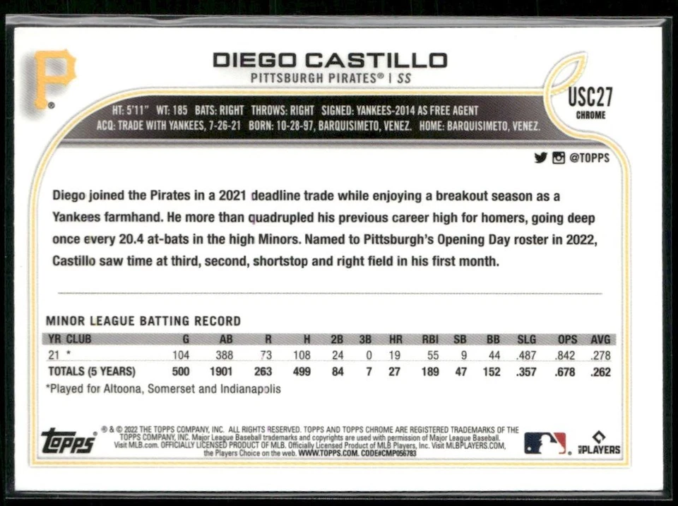 2022 TOPPS CHROME UPDATE DIEGO CASTILLO RC PITTSBURGH PIRATES #USC27 - Image 2 of 2