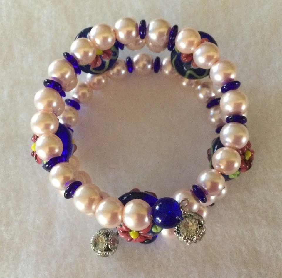 Шикарный розовый стеклянный жемчуг и синий цветочный LampWork стекла бисером браслет памяти - Изображение 3 из 3