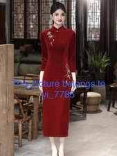 Elegant Red Velvet Chinese Qipao Embroidered Long Sleeve Cheongsam Dress