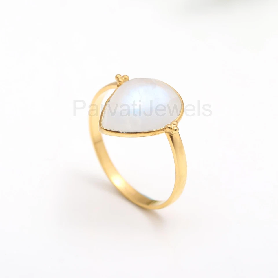 Anillo de compromiso de oro macizo de 18 quilates con piedras preciosas de luna arco iris natural regalo para mujer Foto 3 de 4