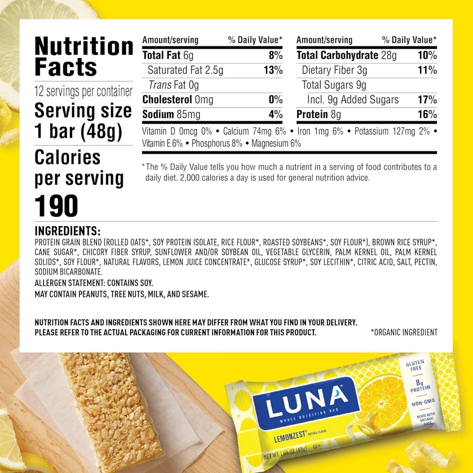 Luna Whole Nutrition батончик лимонизест 1,69 унц упаковка из 4 - Изображение 4 из 4
