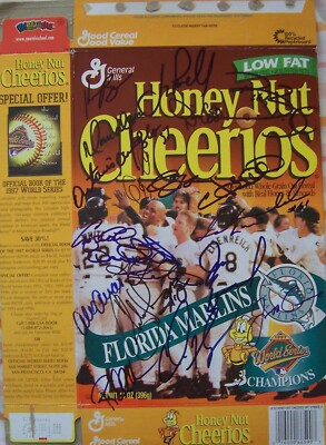 1997 Marlins World Champs signed cereal box Bonilla Conine Leyland Sheffield JSA