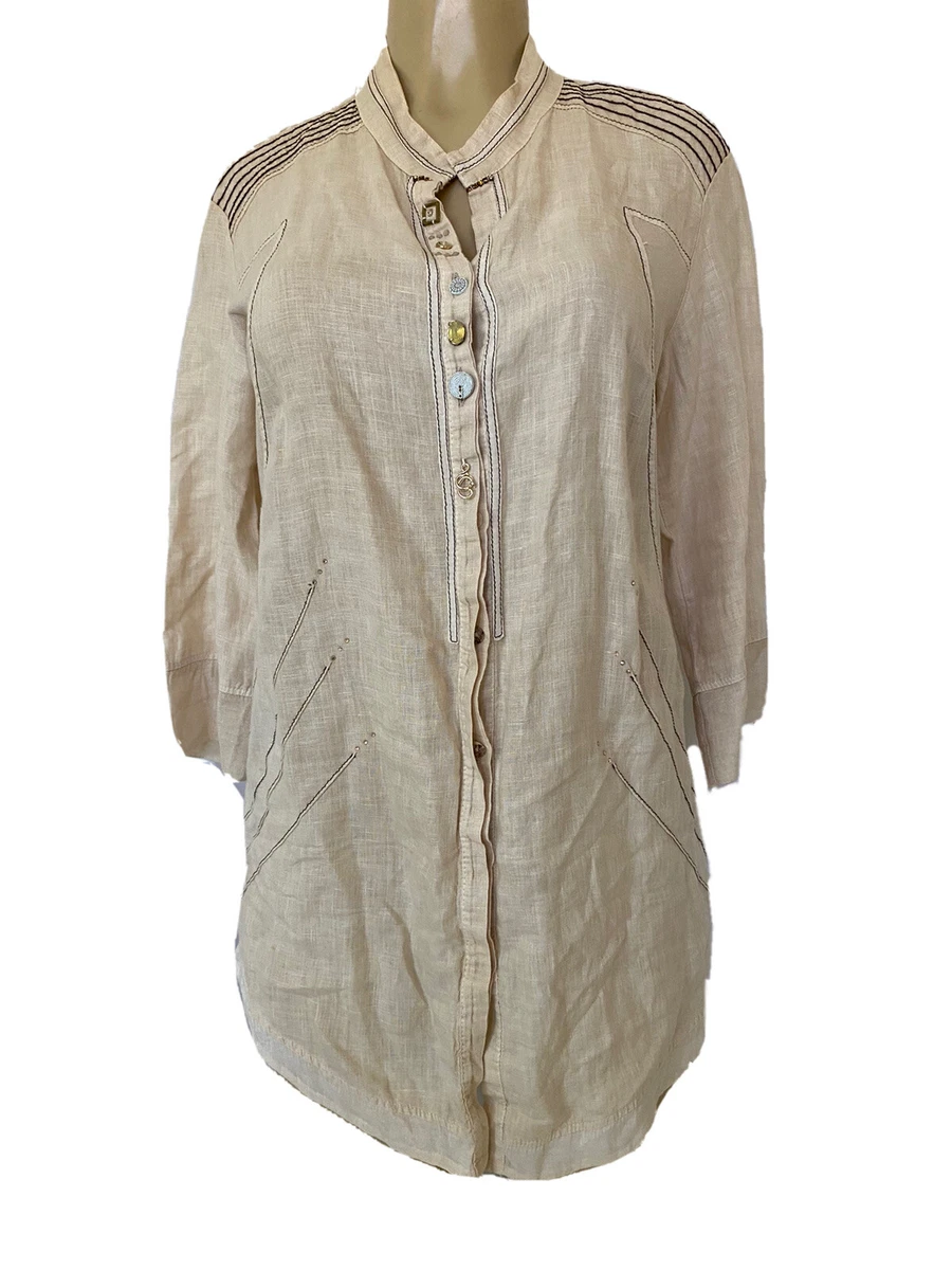 Elisa Cavaletti Linen Top Shirt Tunic Mixed Media Button Down Cream 3/4 Sleeve S