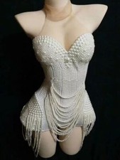 Women Beaded Pearl Tassel Bodysuit Singer Dancer Performance Stage Wear Jumpsuit