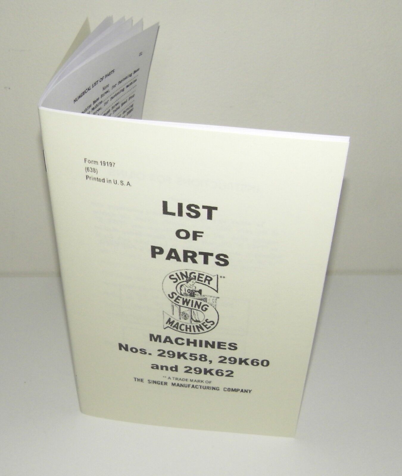 Singer Sewing Machine 29K58 29K60 29K62 Parts List Manual Reproduction