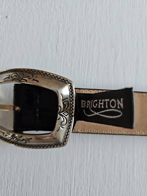Vintage Brighton 1996 Brown/Black Leather Belt Silver Buckle Embellished M23903‎ 90s Vintage Leather Brighton Belt – Dovetail main image 4