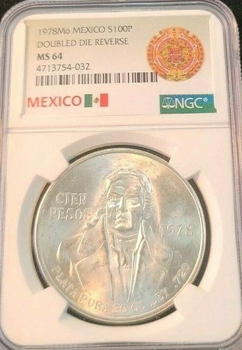 1978 MEXICO SILVER 100 PESOS S100P DOUBLED DIE REVERSE NGC MS 64 BRIGHT BU COIN