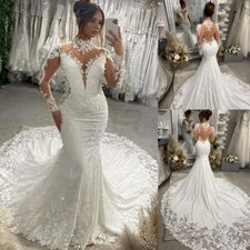 Country Lace Mermaid Wedding Dresses Applique Long Sleeves Ivory Beach Dress