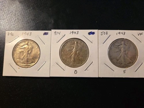1943 P-D-S Walking Liberty Half Dollars In Very Fine Condition, 3 Coin Lot