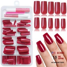 120Pcs Medium Square Glue on Nails - Glossy Solid Color Fake Red