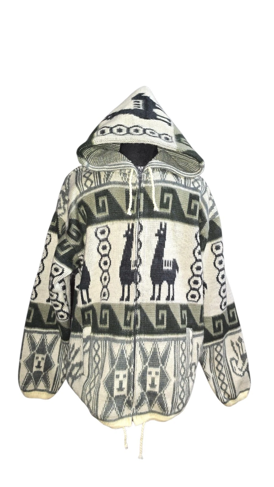 New Alpaca Open Zip Hoodie Jacket Ecuador Beige Gray Black Large Unisex