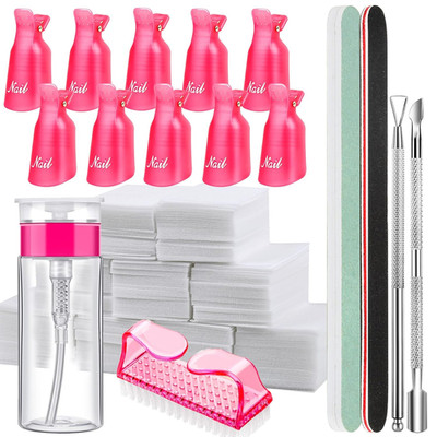 Gel Nail Polish Remover Kit Clips Pump Bottle Pads File Buffer