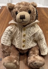 FAO Schwarz Anniversary Bear Plush Cable Knit Sweater Elbow Patches Gold Buttons
