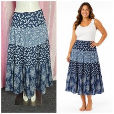 Lauren Ralph Lauren Blue Floral Cotton Boho Full Layered Lined Skirt Size 14