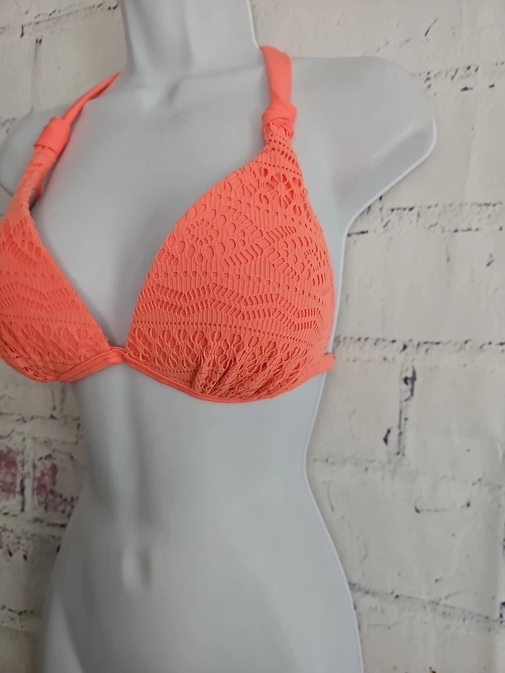 Red Camel Peach Orange Crochet Lace Push-up Bikini Top Halter Tie Size Large - Image 3 of 4