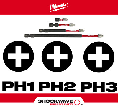 Milwaukee Shockwave Phillips Impact Driver Bits PH1, PH2, PH3 - All Lengths