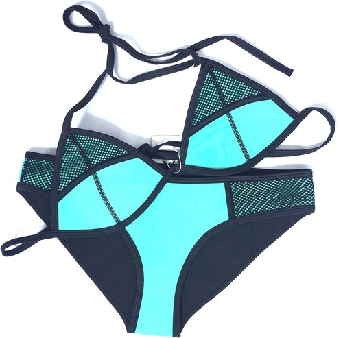 Womens Halter Neoprene Bikini Set Swimwear Mesh Top Wet Suit Set Bathing Suit - Picture 3 of 34