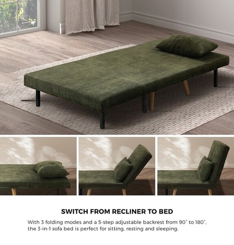 Sofa Bed Lounge Chair Polyester Recliner Wood Leg Single Seat Green - Picture 8 of 9