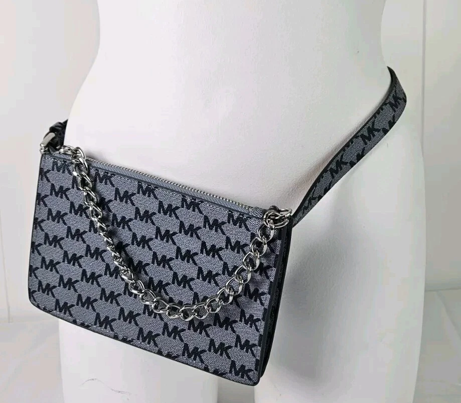 Michael Kors MK Logo Fanny Pack Belt Bag With Chain 554131 M Gray & Black