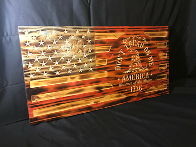 US Rustic Wood Burned Flag Gadsden Dont Tread On Me American Flag Painted Carved