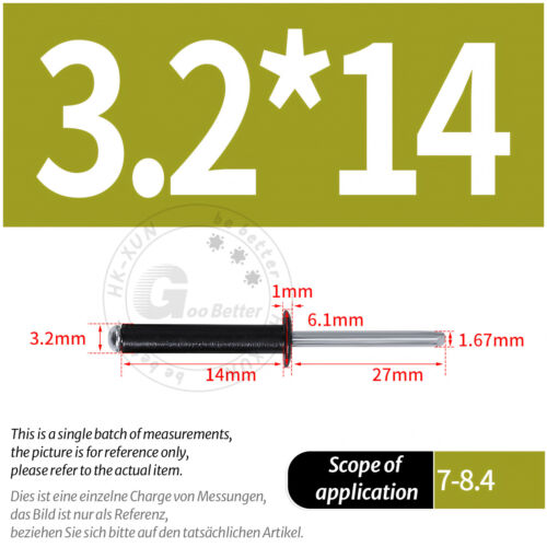 POP RIVETS ALUMINIUM BODY STEEL MANDREL OPEN END DOME HEAD 2mm 2.4mm 4mm - 6.4mm - Picture 134 of 174