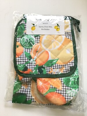 NEW KITCHEN INSPIRATIONS ~ SET Of 3 ~ Apron ~ Oven Mitt ~ Potholder Lemon Print