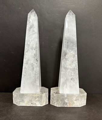 Natural Rock Crystal Quartz Obelisk Column Monolith Pillar Pair W/ Base 15'' 2pc