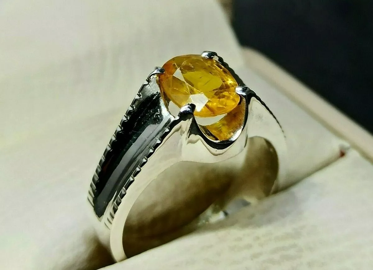 Golden Yellow Sapphire Ring in White Gold Over Sterling Silver | Alexander D