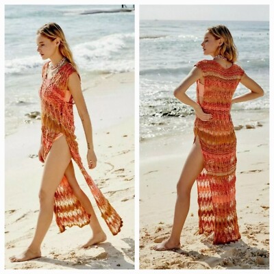 Free People Into The Flames Crochet Maxi Tunic Dress Cover-up Size M/L |  eBay