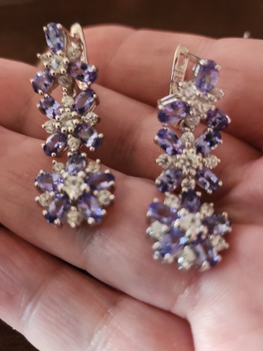 Colleen Lopez Tanzanite & Zircon Big Flower Design Leverback Earrings 1.5" NWOT - Picture 9 of 17